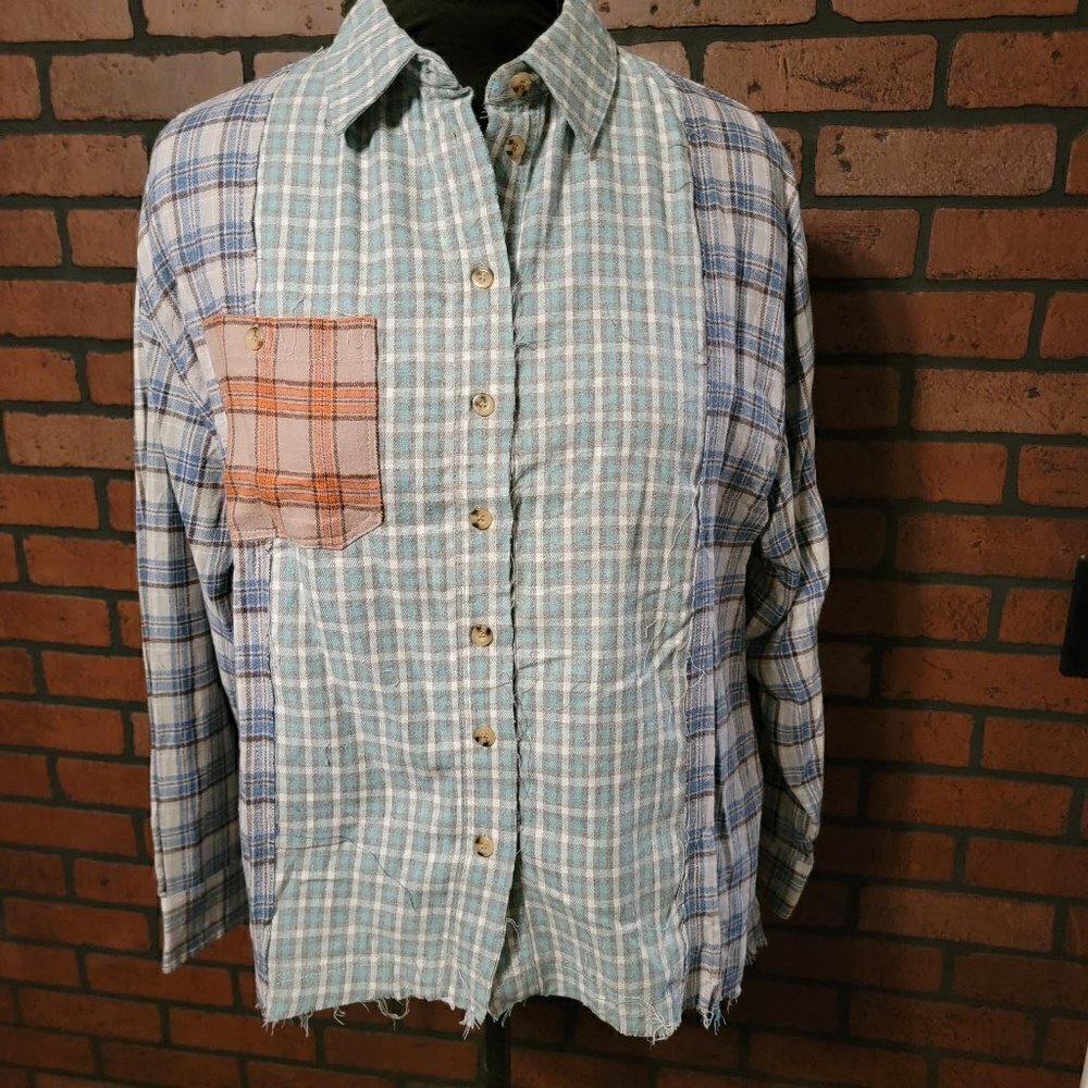 Papermoon Patchwork Oversized Plaid Flannel Button Down Top. Size Small.